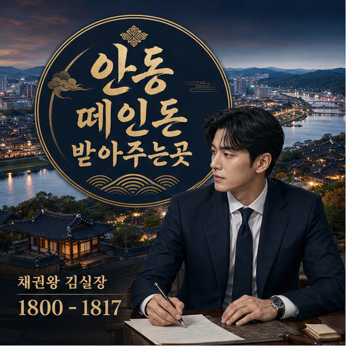 안동 떼인돈 상담을 안내하는 남성 전문가와 채권왕 브랜드 타이틀 포스터