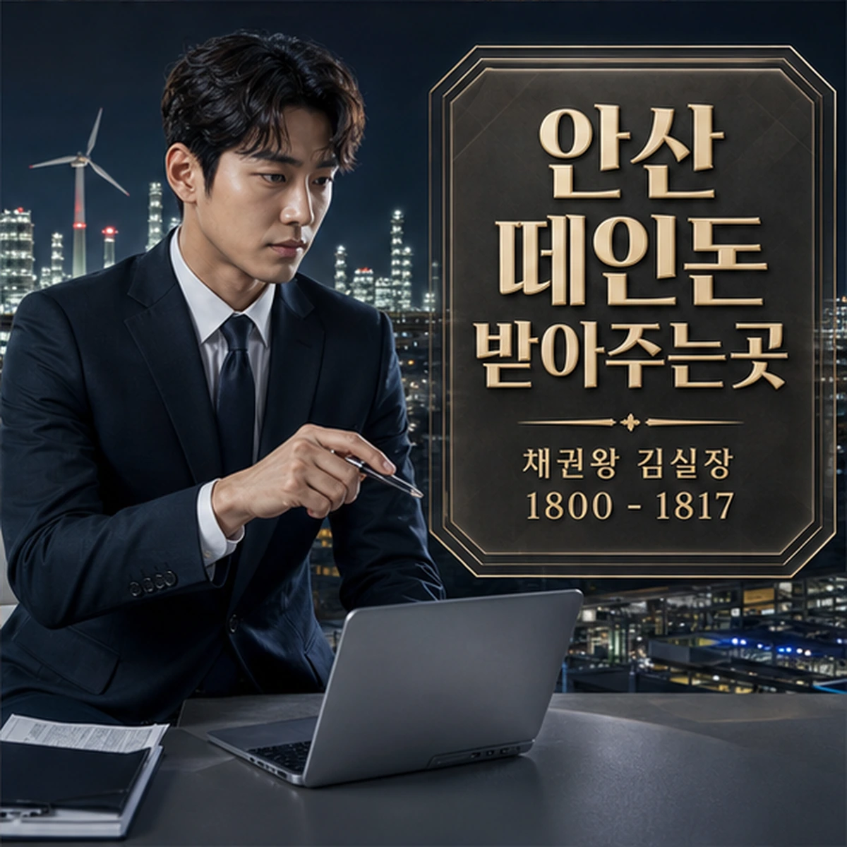 안산 떼인돈 상담을 안내하는 남성 전문가와 채권왕 브랜드 타이틀 포스터