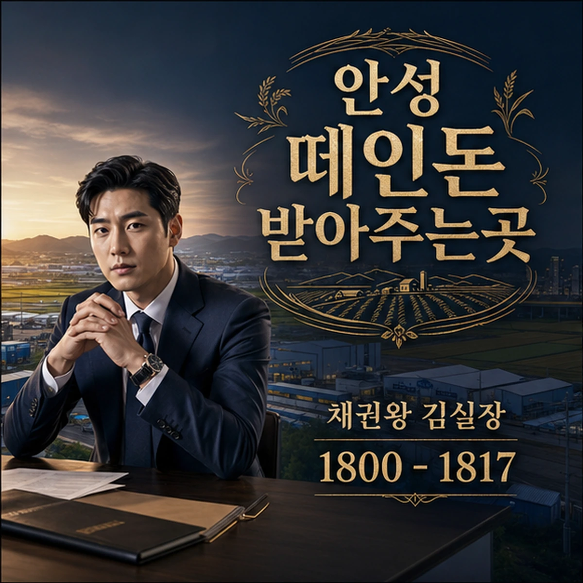 안성 떼인돈 상담을 안내하는 남성 전문가와 채권왕 브랜드 타이틀 포스터
