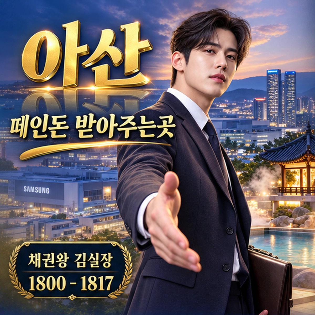 아산 떼인돈 상담을 안내하는 남성 전문가와 채권왕 브랜드 타이틀 포스터