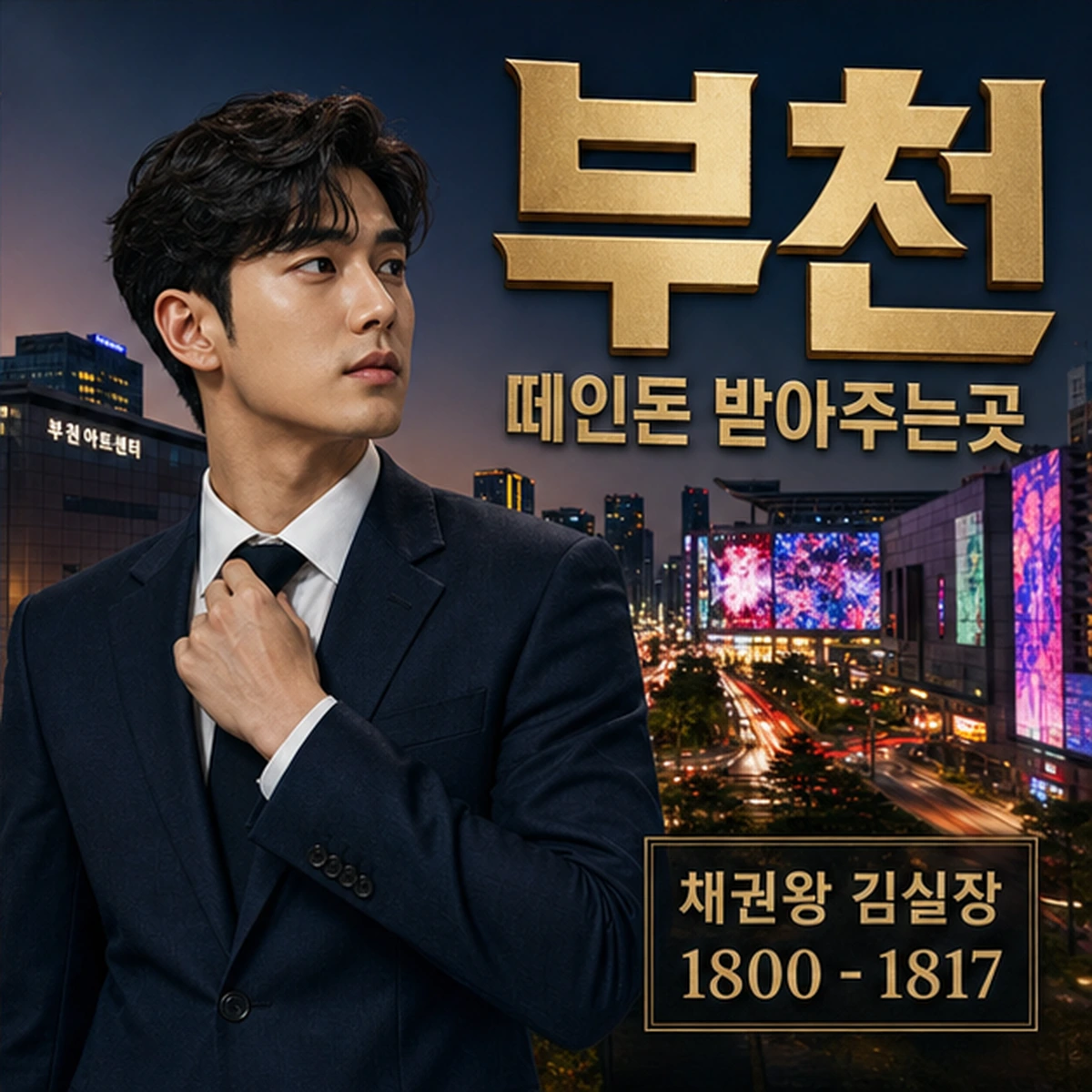 부천 떼인돈 상담을 안내하는 남성 전문가와 채권왕 브랜드 타이틀 포스터