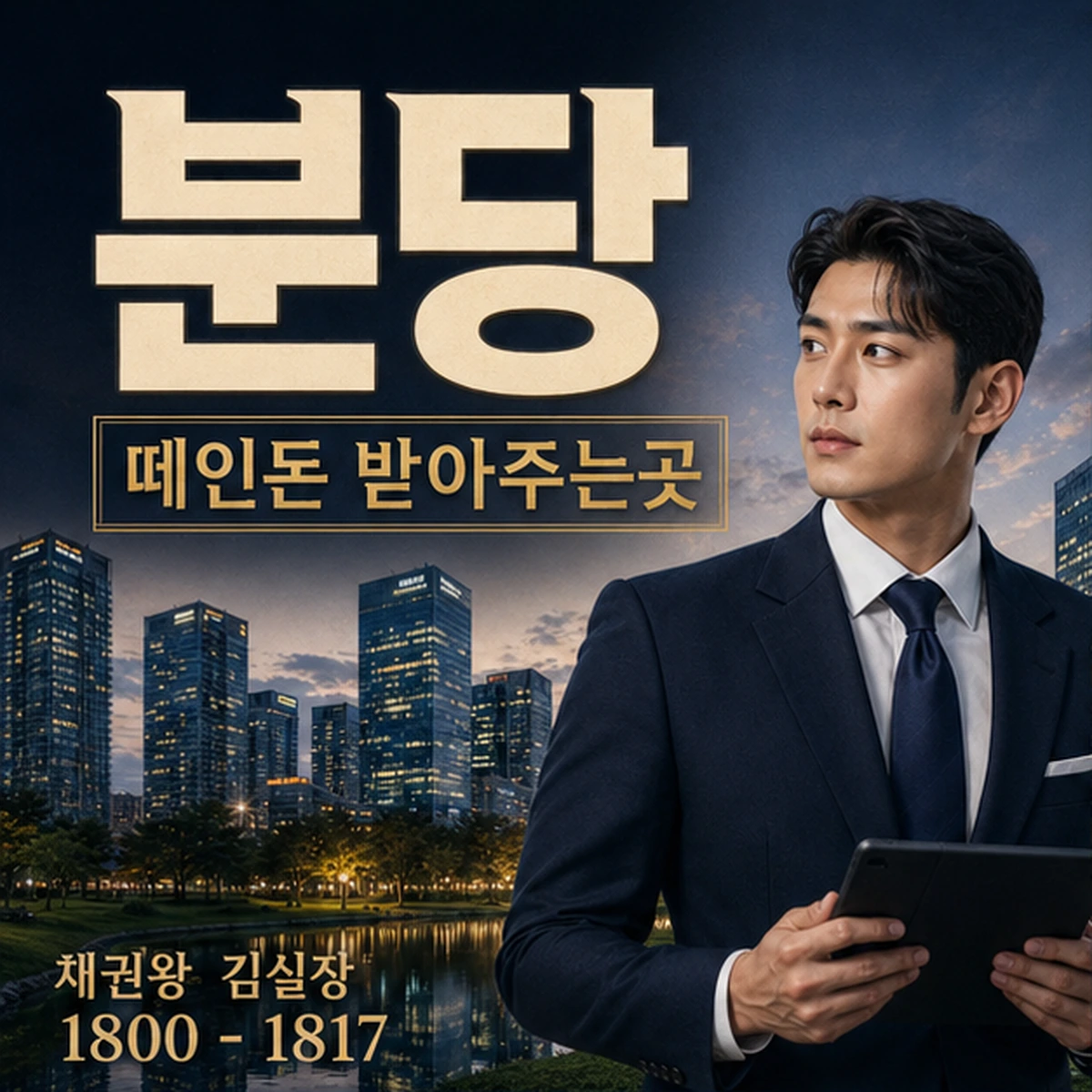 분당 떼인돈 상담을 안내하는 남성 전문가와 채권왕 브랜드 타이틀 포스터