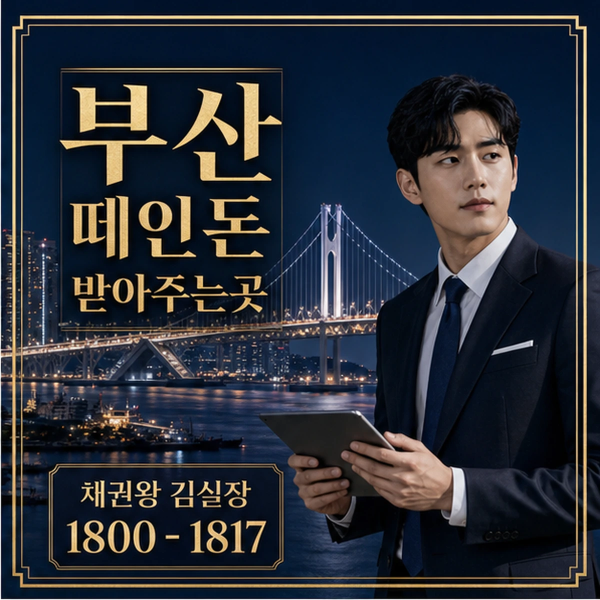 부산 떼인돈 상담을 안내하는 남성 전문가와 채권왕 브랜드 타이틀 포스터