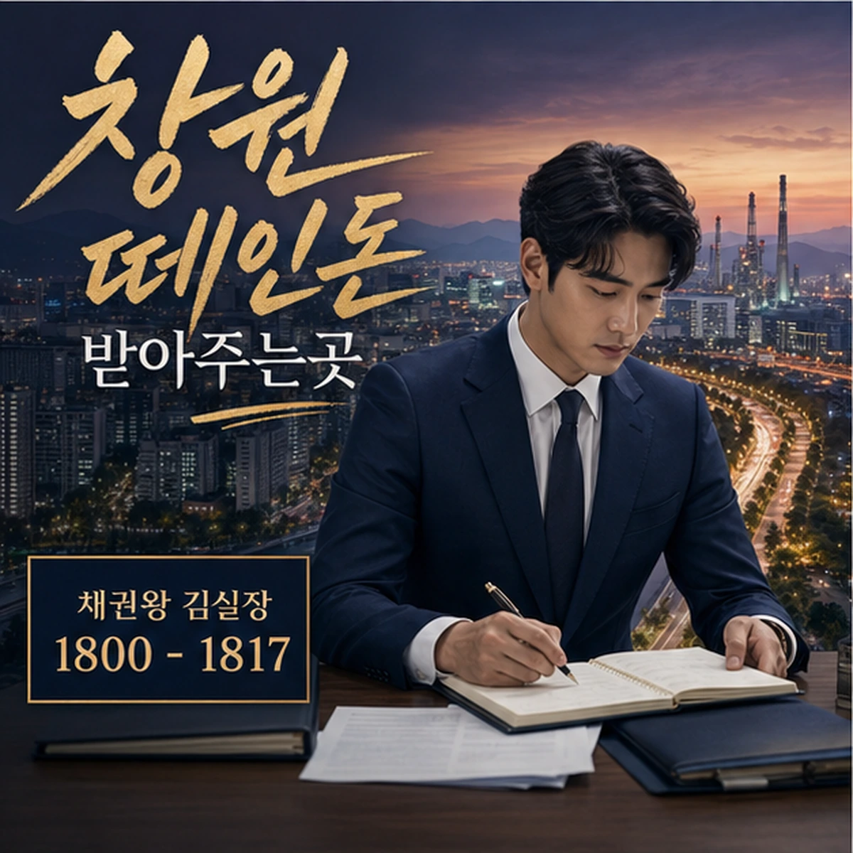 창원 떼인돈 상담을 안내하는 남성 전문가와 채권왕 브랜드 타이틀 포스터