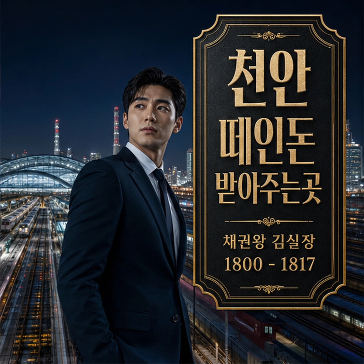 천안 떼인돈 상담을 안내하는 남성 전문가와 채권왕 브랜드 타이틀 포스터