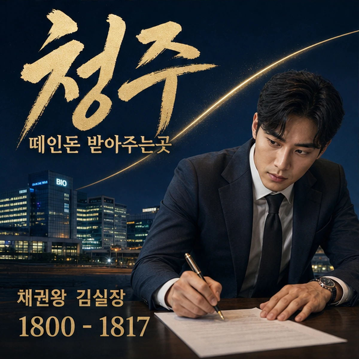 청주 떼인돈 상담을 안내하는 남성 전문가와 채권왕 브랜드 타이틀 포스터