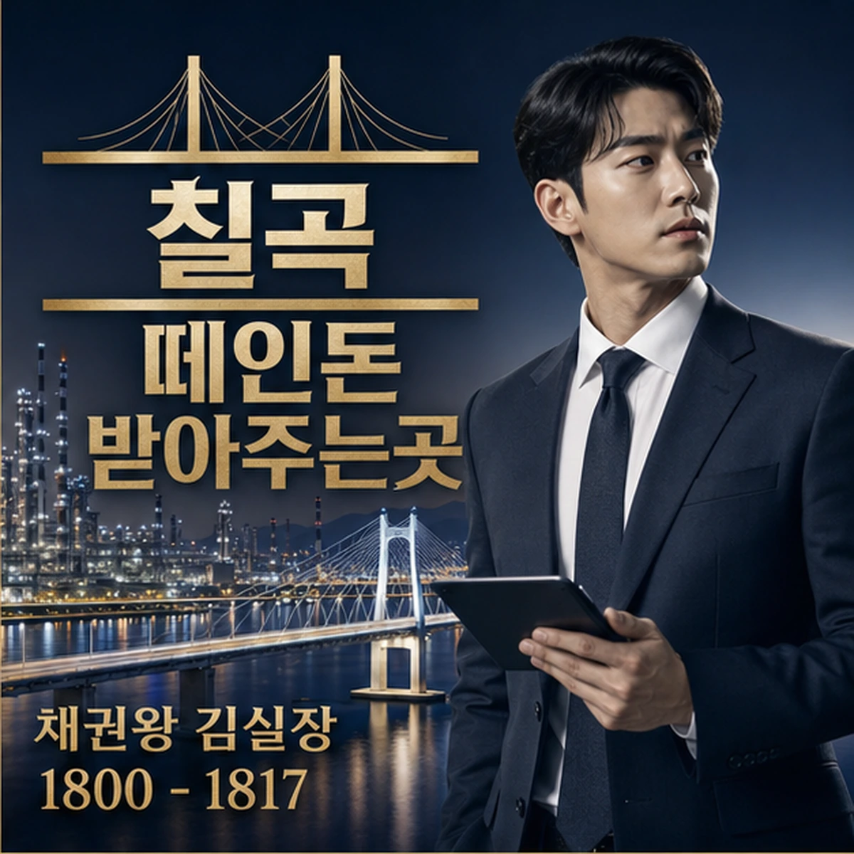 칠곡 떼인돈 상담을 안내하는 남성 전문가와 채권왕 브랜드 타이틀 포스터