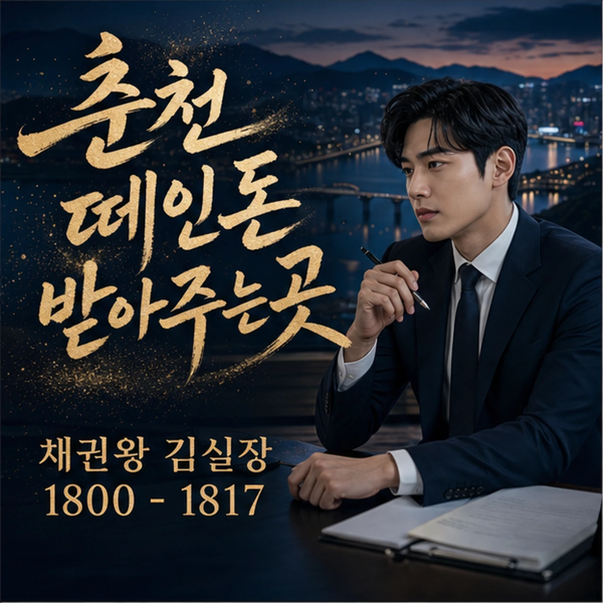 춘천 떼인돈 상담을 안내하는 남성 전문가와 채권왕 브랜드 타이틀 포스터