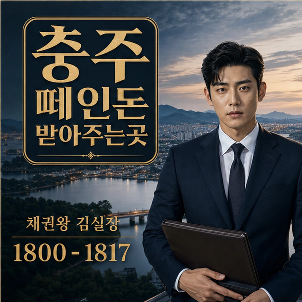 충주 떼인돈 상담을 안내하는 남성 전문가와 채권왕 브랜드 타이틀 포스터