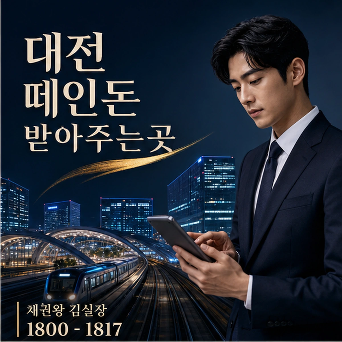 대전 떼인돈 상담을 안내하는 남성 전문가와 채권왕 브랜드 타이틀 포스터