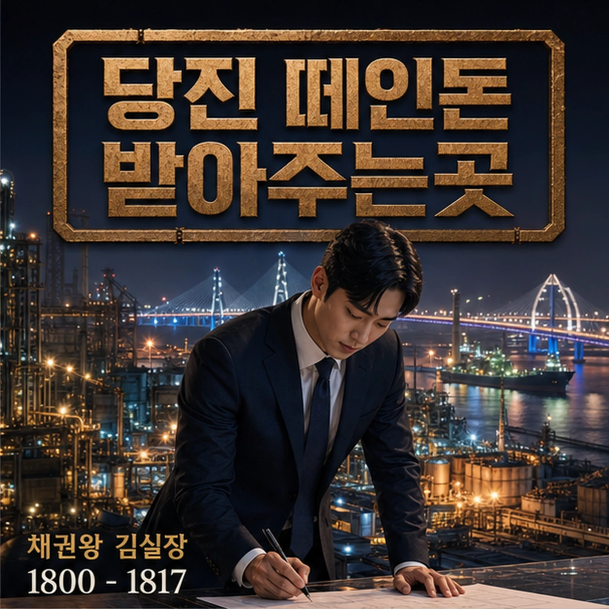 당진 떼인돈 상담을 안내하는 남성 전문가와 채권왕 브랜드 타이틀 포스터