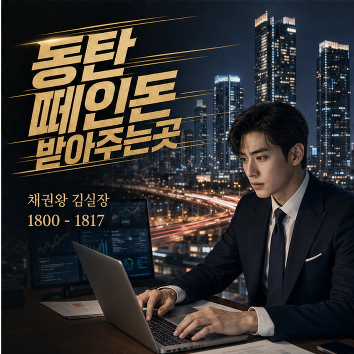 동탄 떼인돈 상담을 안내하는 남성 전문가와 채권왕 브랜드 타이틀 포스터