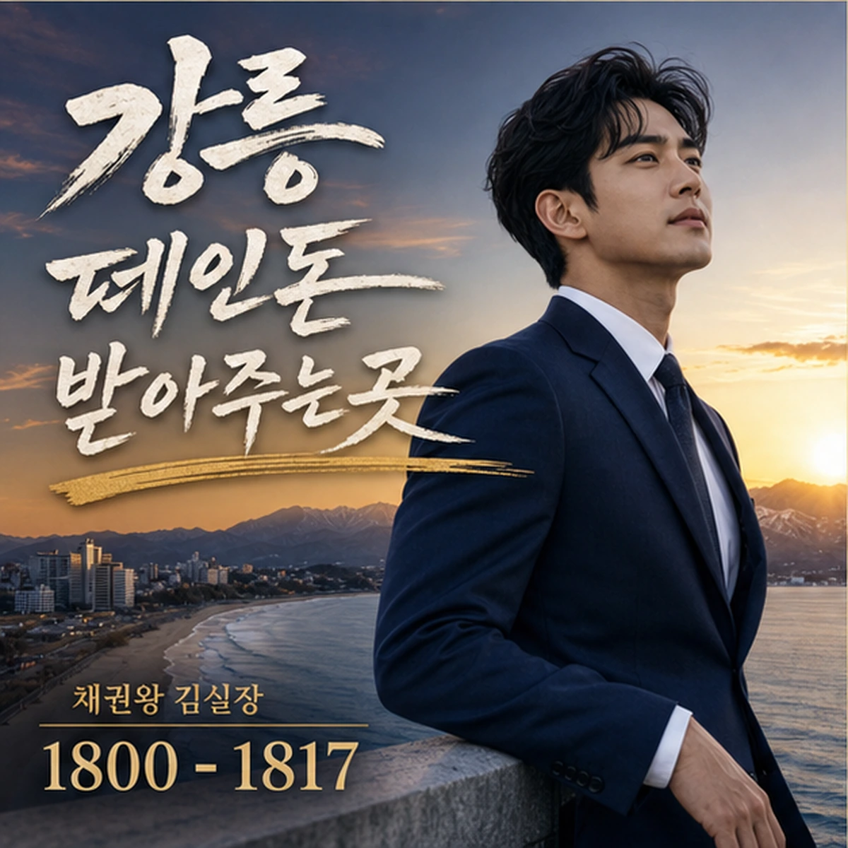 강릉 떼인돈 상담을 안내하는 남성 전문가와 채권왕 브랜드 타이틀 포스터