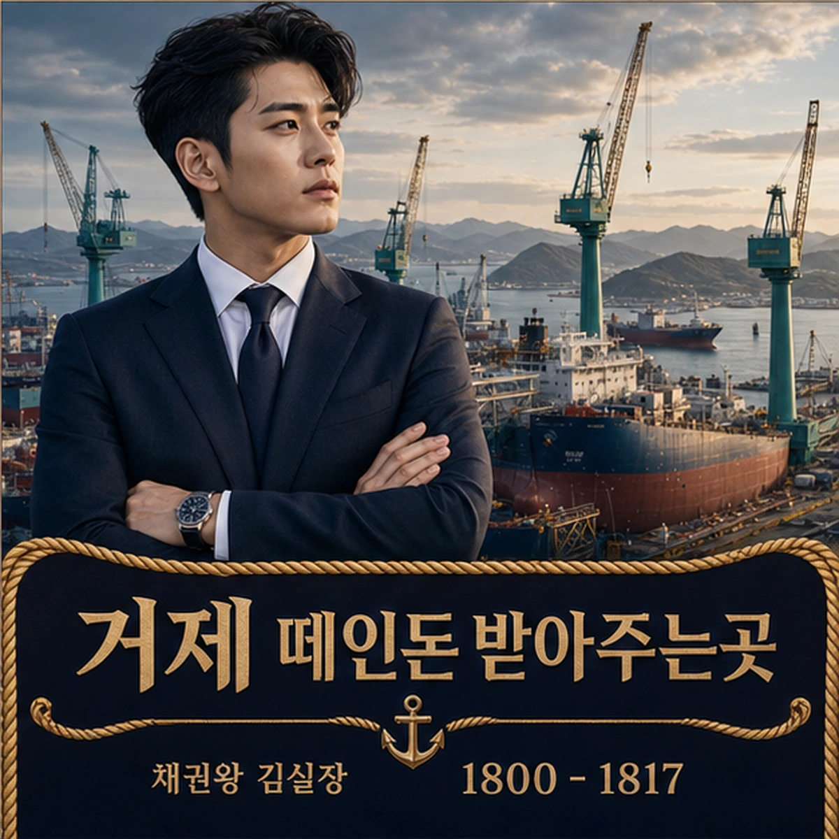 거제 떼인돈 상담을 안내하는 남성 전문가와 채권왕 브랜드 타이틀 포스터