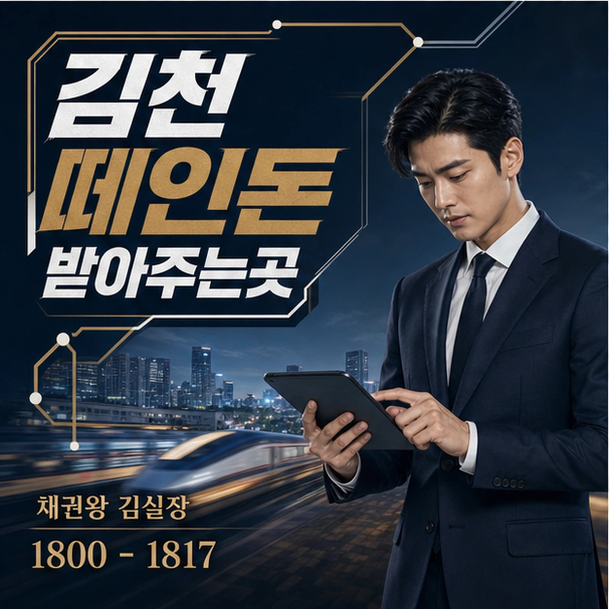 김천 떼인돈 상담을 안내하는 남성 전문가와 채권왕 브랜드 타이틀 포스터