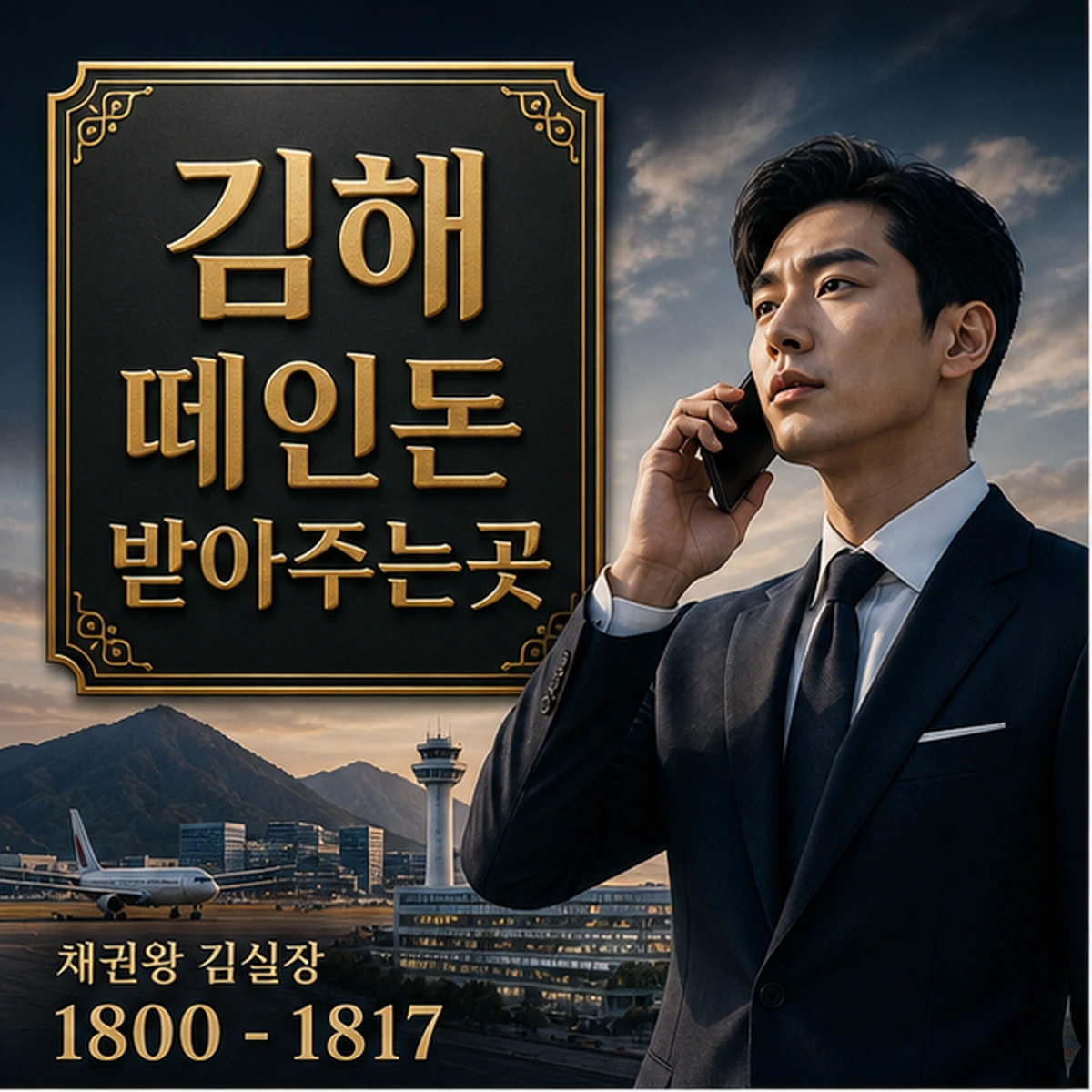 김해 떼인돈 상담을 안내하는 남성 전문가와 채권왕 브랜드 타이틀 포스터