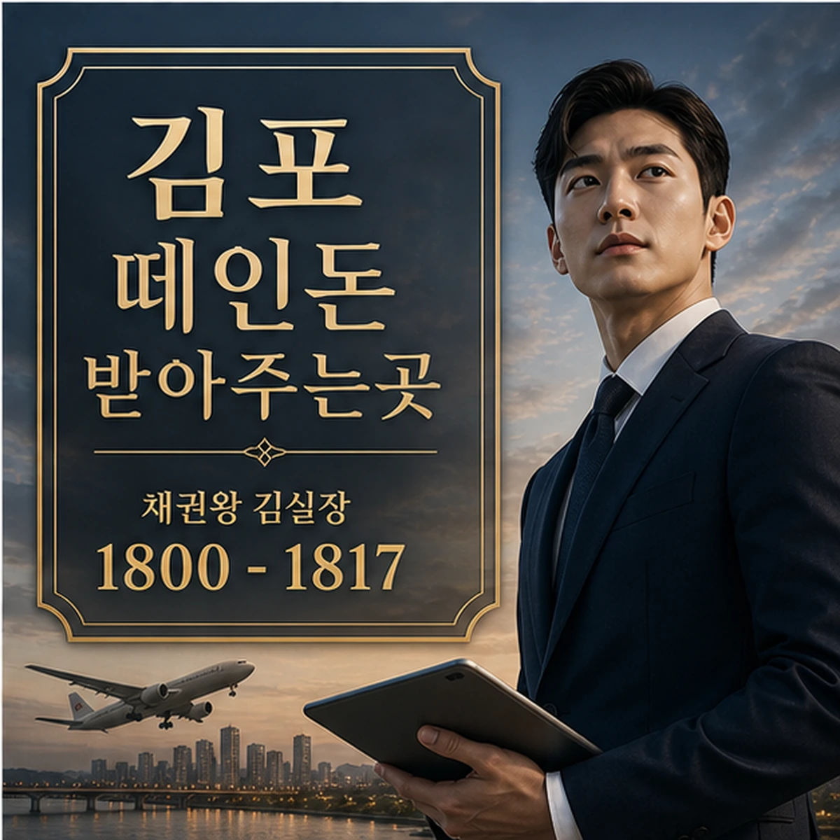 김포 떼인돈 상담을 안내하는 남성 전문가와 채권왕 브랜드 타이틀 포스터