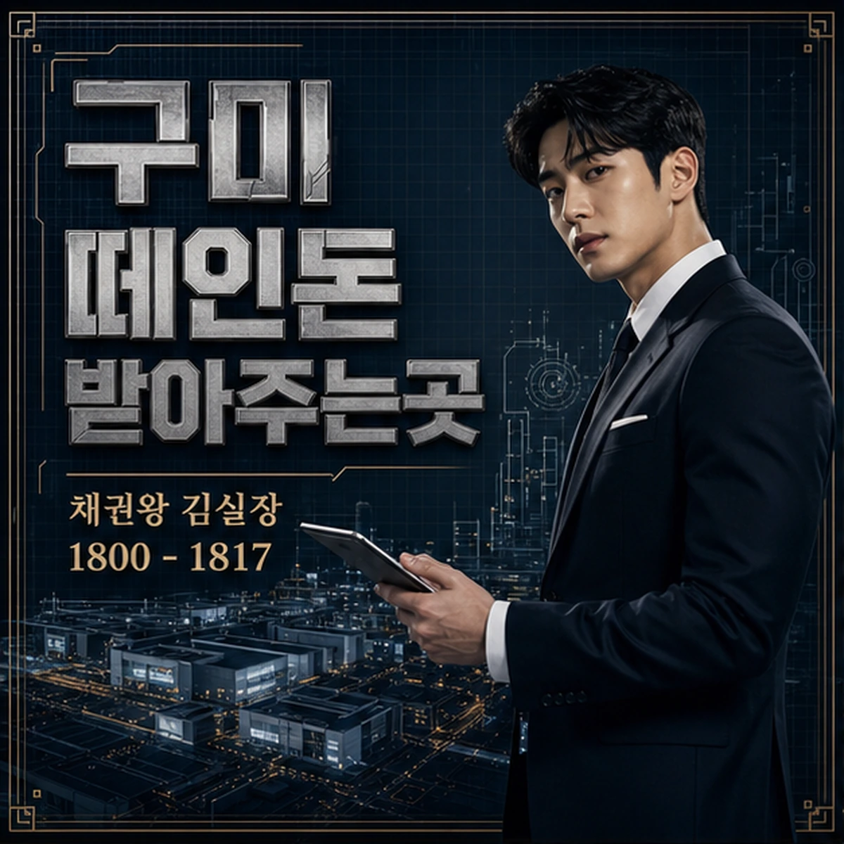 구미 떼인돈 상담을 안내하는 남성 전문가와 채권왕 브랜드 타이틀 포스터
