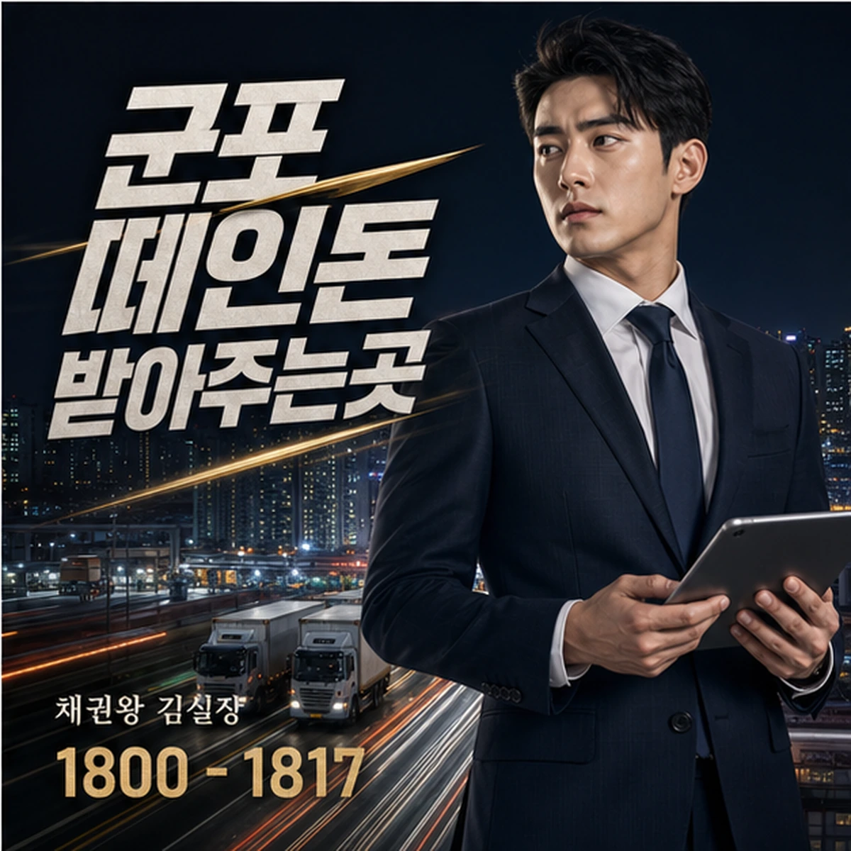 군포 떼인돈 상담을 안내하는 남성 전문가와 채권왕 브랜드 타이틀 포스터