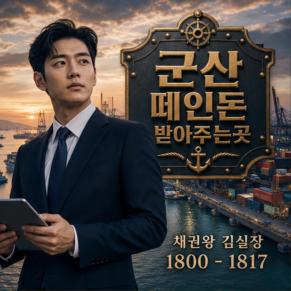 군산 떼인돈 상담을 안내하는 남성 전문가와 채권왕 브랜드 타이틀 포스터