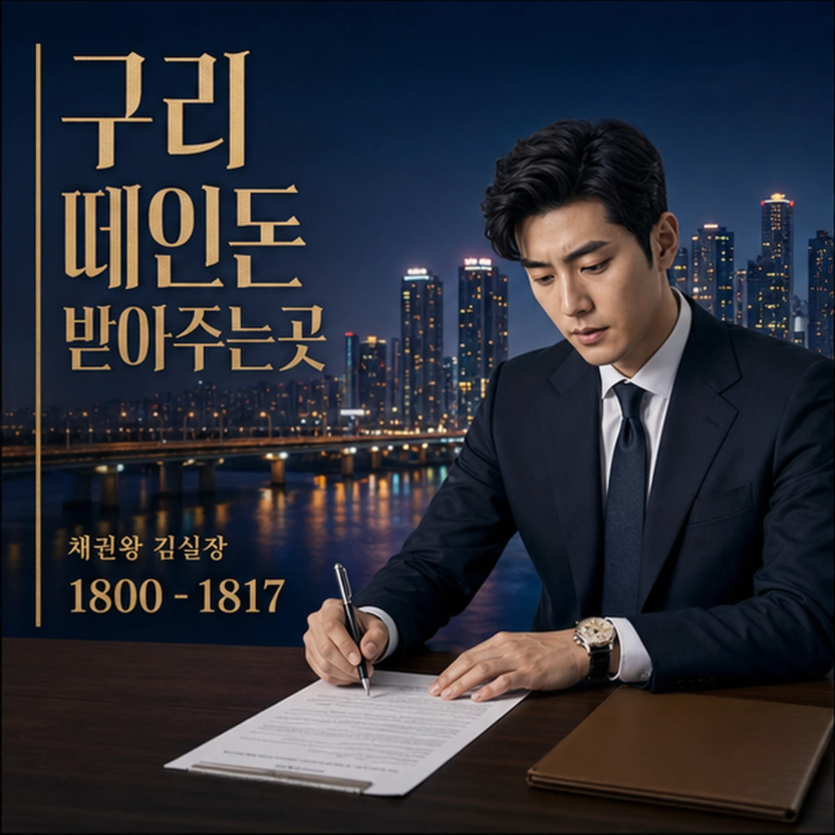 구리 떼인돈 상담을 안내하는 남성 전문가와 채권왕 브랜드 타이틀 포스터