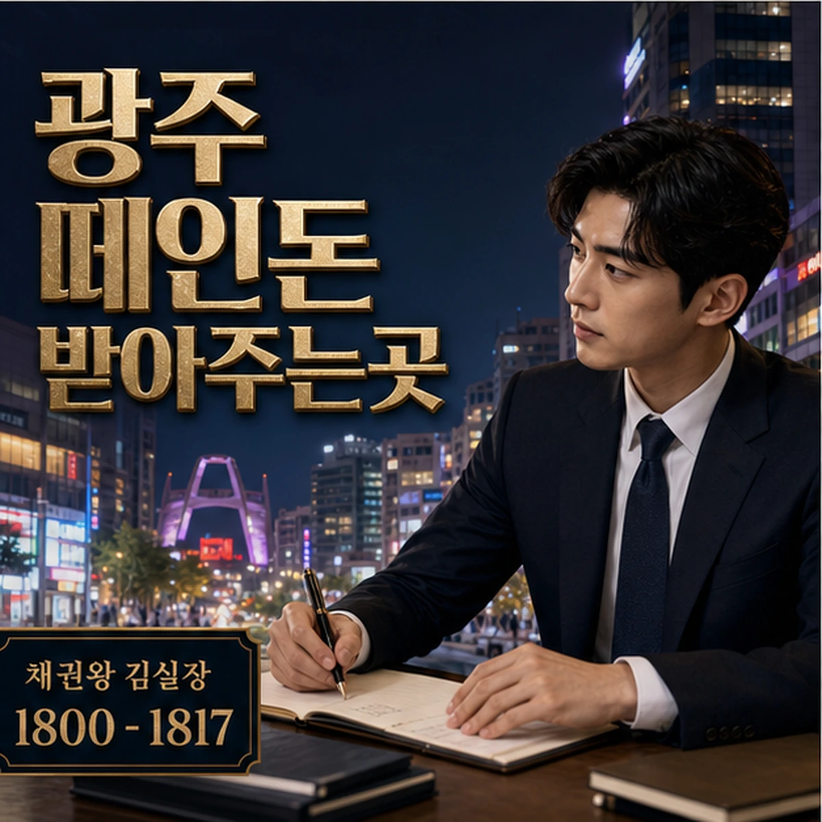 광주 떼인돈 상담을 안내하는 남성 전문가와 채권왕 브랜드 타이틀 포스터