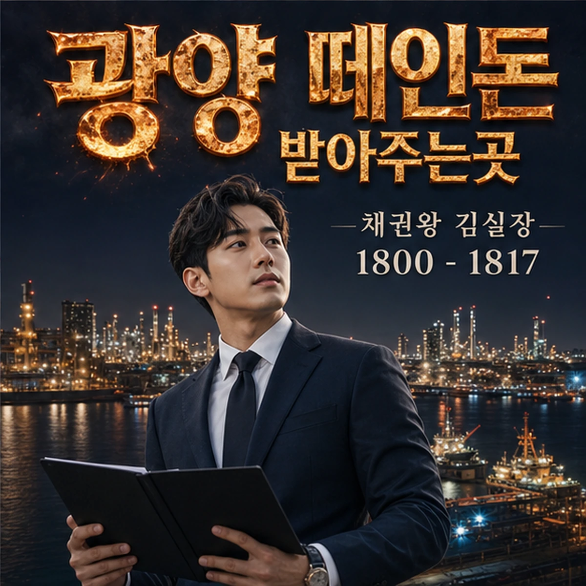 광양 떼인돈 상담을 안내하는 남성 전문가와 채권왕 브랜드 타이틀 포스터