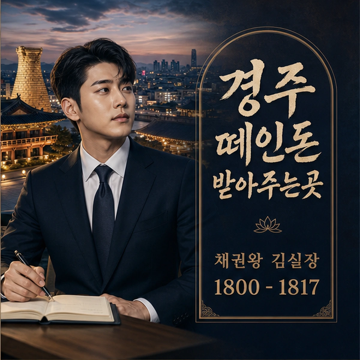 경주 떼인돈 상담을 안내하는 남성 전문가와 채권왕 브랜드 타이틀 포스터