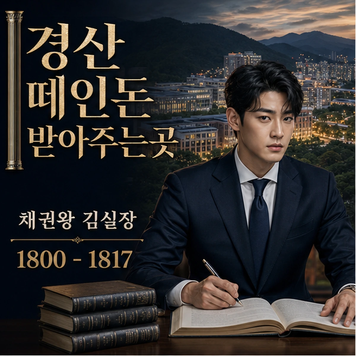 경산 떼인돈 상담을 안내하는 남성 전문가와 채권왕 브랜드 타이틀 포스터