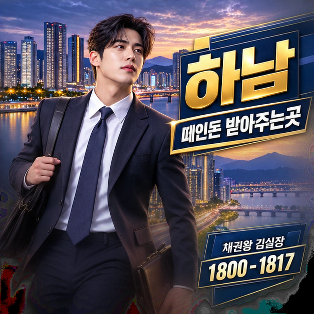 하남 떼인돈 상담을 안내하는 남성 전문가와 채권왕 브랜드 타이틀 포스터