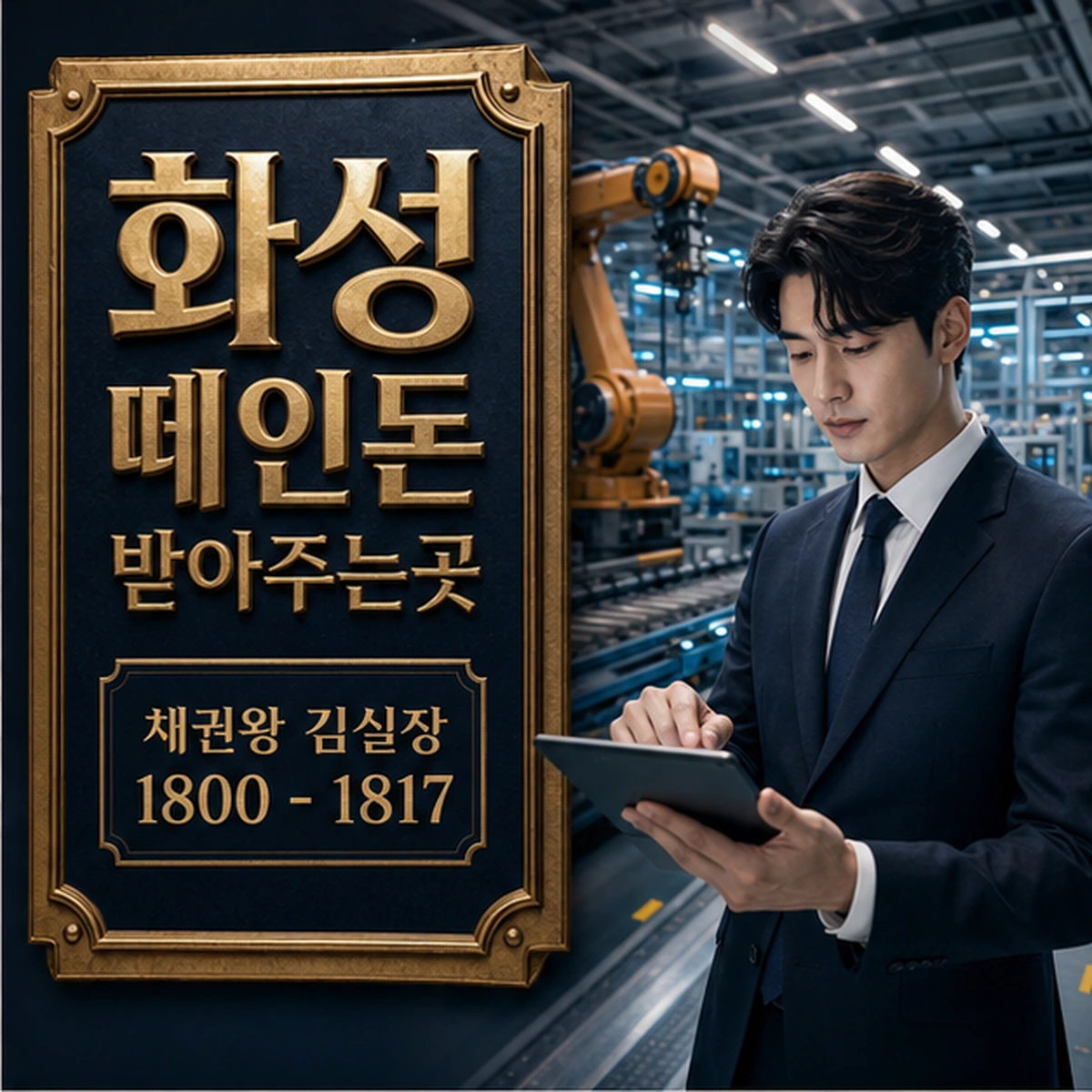 화성 떼인돈 상담을 안내하는 남성 전문가와 채권왕 브랜드 타이틀 포스터