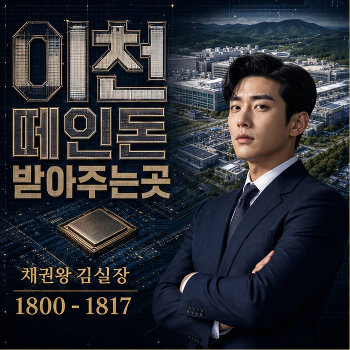 이천 떼인돈 상담을 안내하는 남성 전문가와 채권왕 브랜드 타이틀 포스터