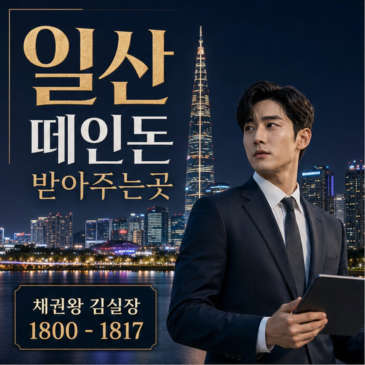 일산 떼인돈 상담을 안내하는 남성 전문가와 채권왕 브랜드 타이틀 포스터