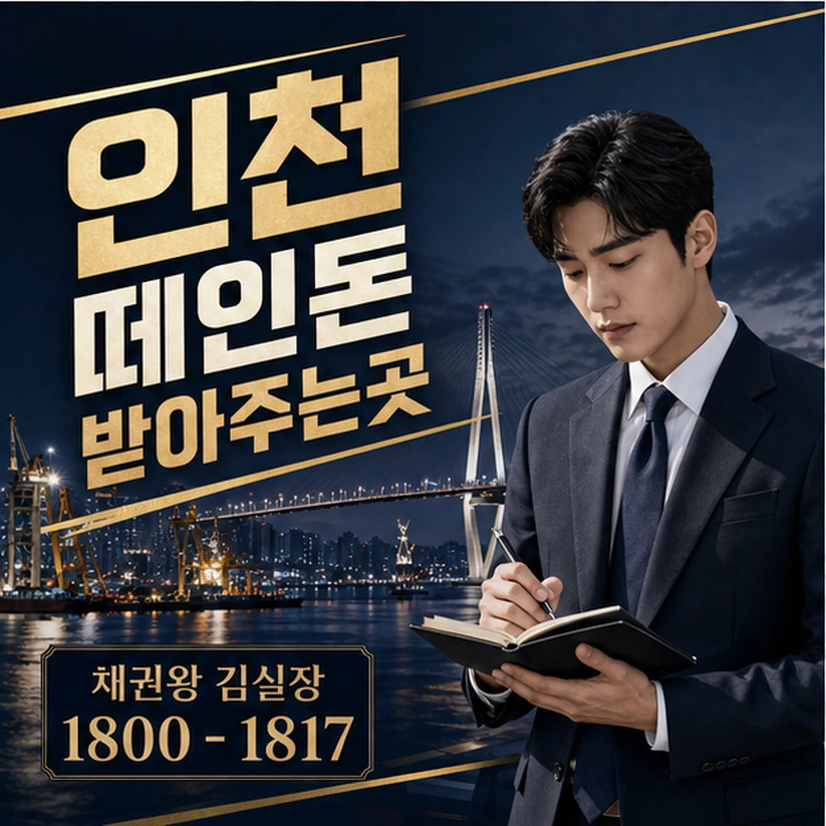 인천 떼인돈 상담을 안내하는 남성 전문가와 채권왕 브랜드 타이틀 포스터