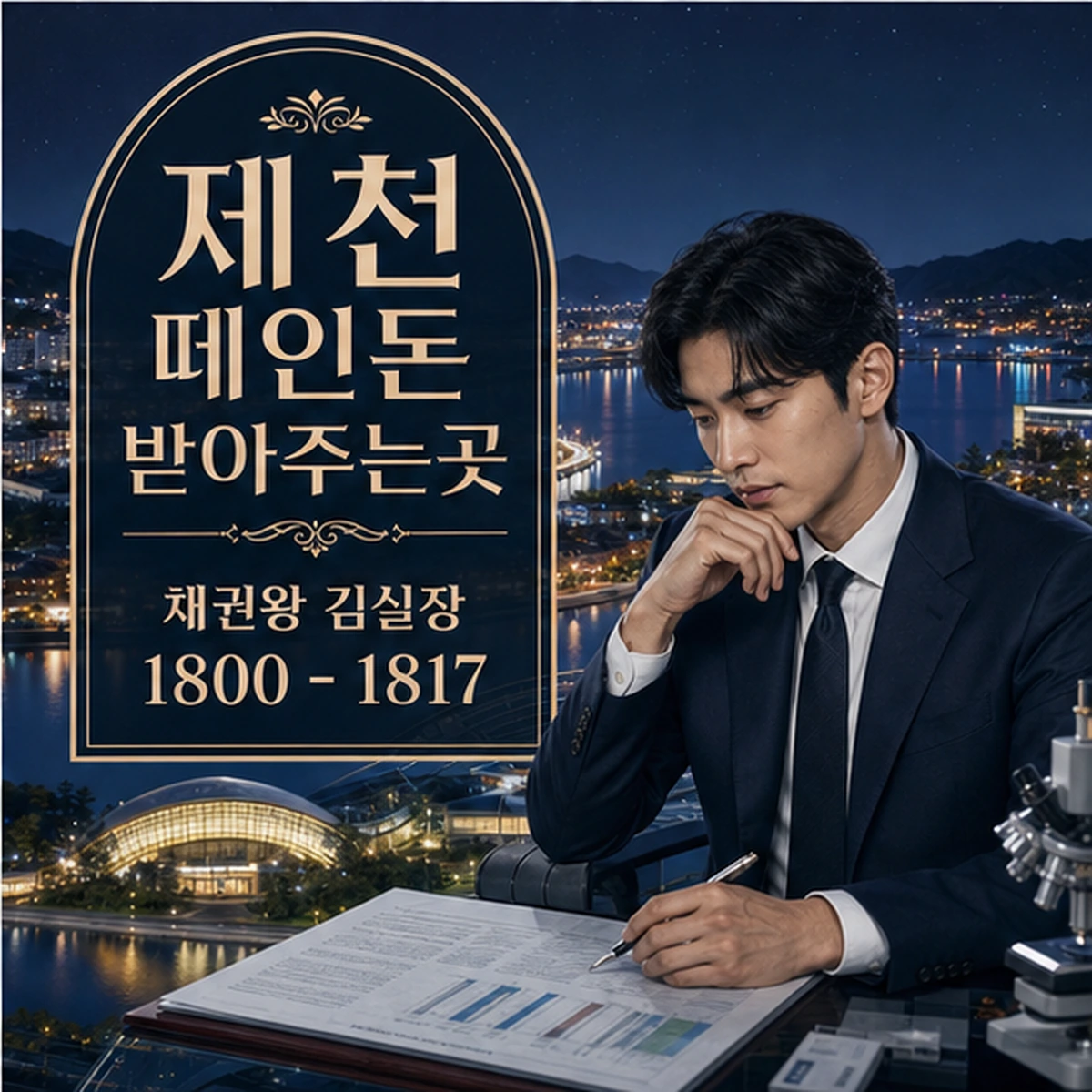 제천 떼인돈 상담을 안내하는 남성 전문가와 채권왕 브랜드 타이틀 포스터