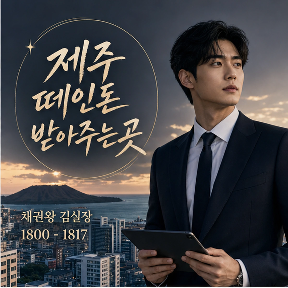 제주 떼인돈 상담을 안내하는 남성 전문가와 채권왕 브랜드 타이틀 포스터