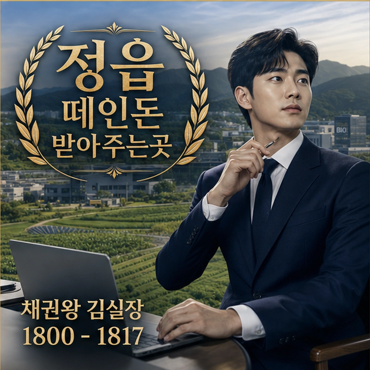 정읍 떼인돈 상담을 안내하는 남성 전문가와 채권왕 브랜드 타이틀 포스터