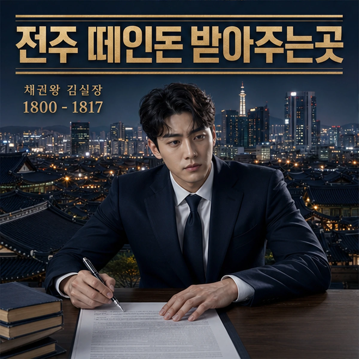 전주 떼인돈 상담을 안내하는 남성 전문가와 채권왕 브랜드 타이틀 포스터