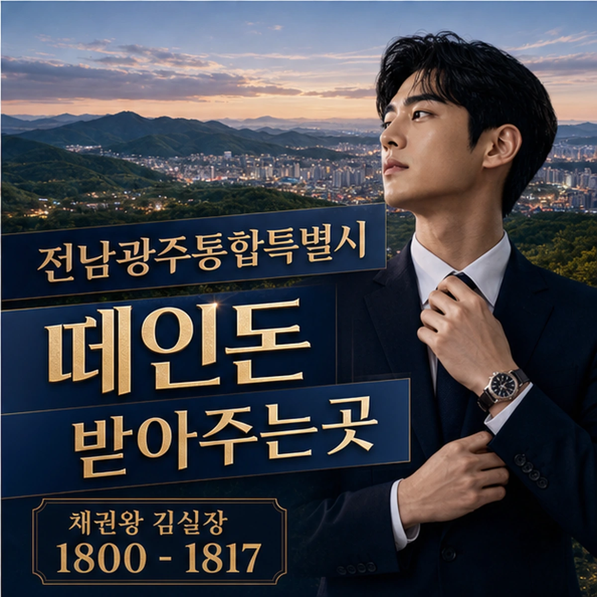 전남광주통합특별시 떼인돈 상담을 안내하는 남성 전문가와 채권왕 브랜드 타이틀 포스터