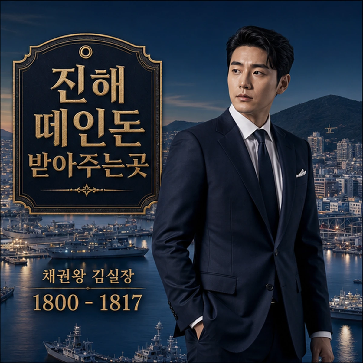 진해 떼인돈 상담을 안내하는 남성 전문가와 채권왕 브랜드 타이틀 포스터