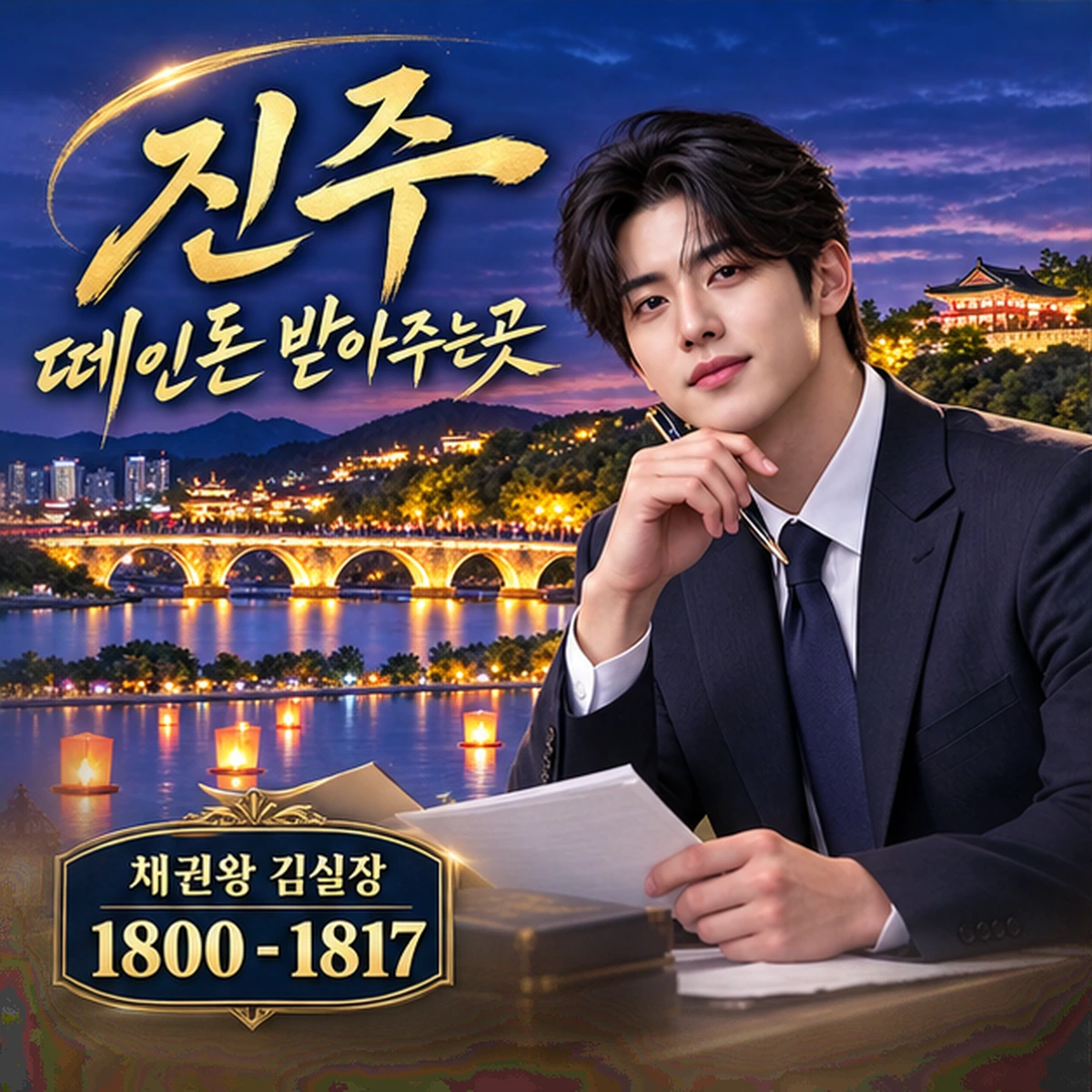 진주 떼인돈 상담을 안내하는 남성 전문가와 채권왕 브랜드 타이틀 포스터