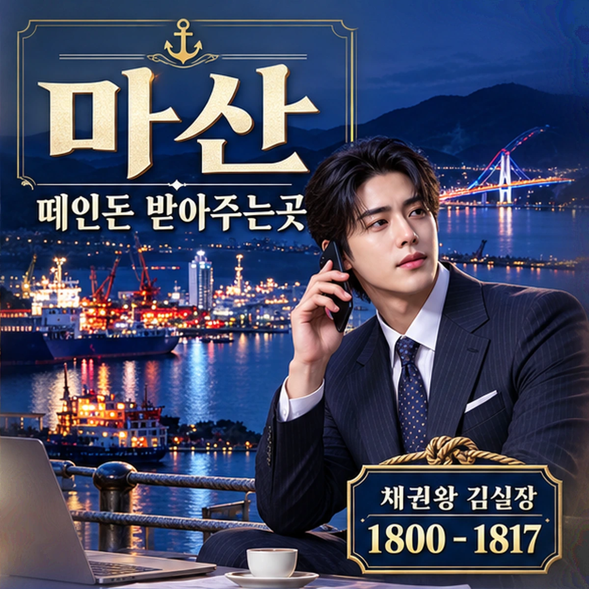 마산 떼인돈 상담을 안내하는 남성 전문가와 채권왕 브랜드 타이틀 포스터
