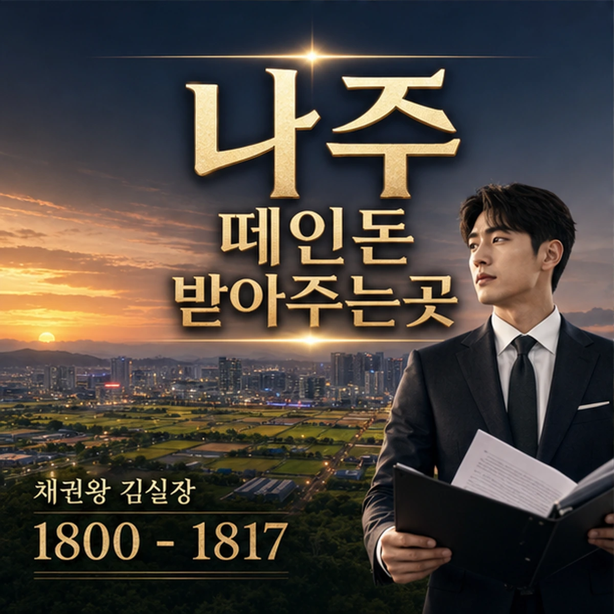 나주 떼인돈 상담을 안내하는 남성 전문가와 채권왕 브랜드 타이틀 포스터