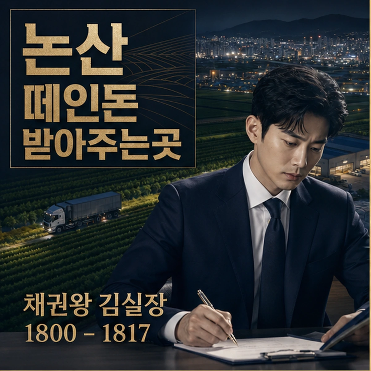 논산 떼인돈 상담을 안내하는 남성 전문가와 채권왕 브랜드 타이틀 포스터