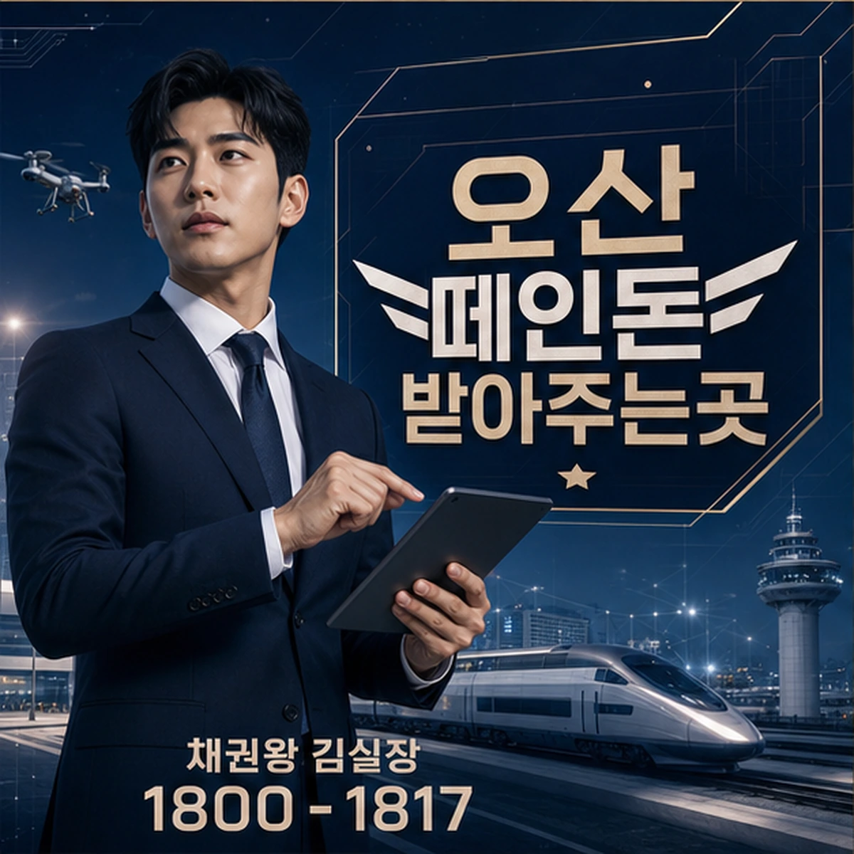오산 떼인돈 상담을 안내하는 남성 전문가와 채권왕 브랜드 타이틀 포스터