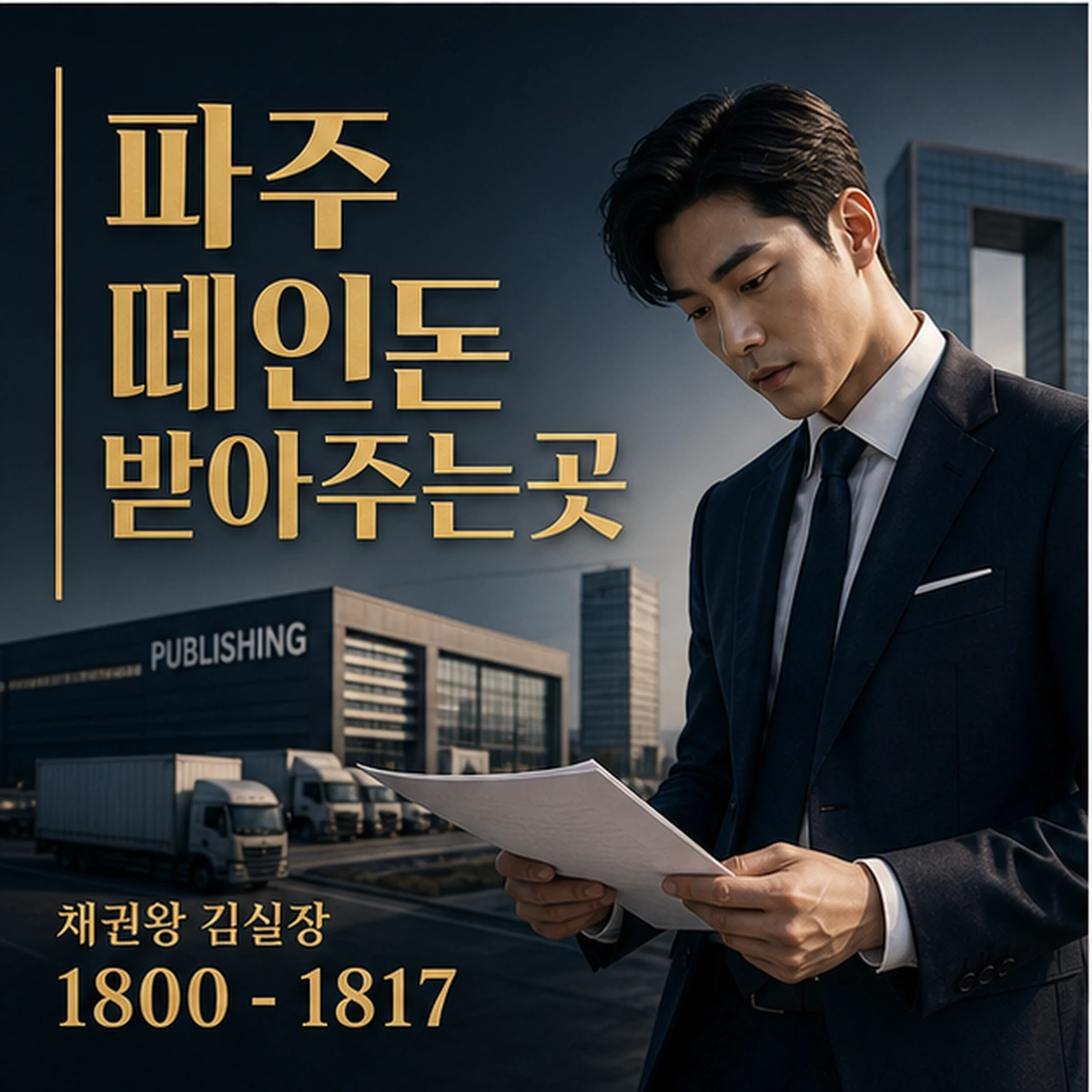 파주 떼인돈 상담을 안내하는 남성 전문가와 채권왕 브랜드 타이틀 포스터