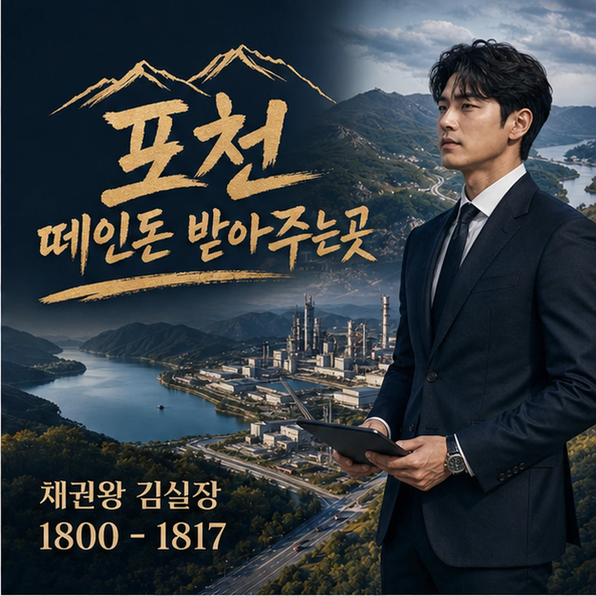 포천 떼인돈 상담을 안내하는 남성 전문가와 채권왕 브랜드 타이틀 포스터