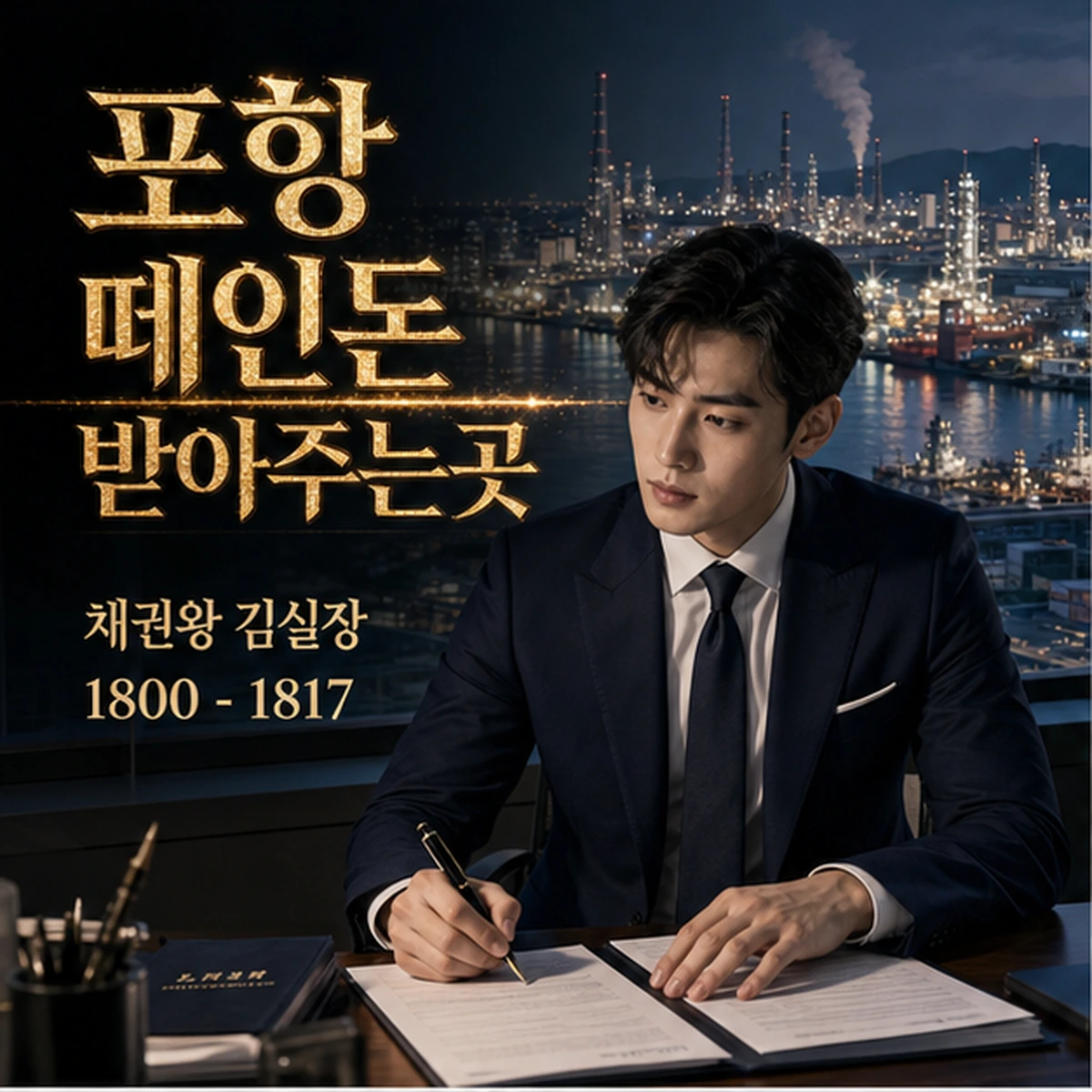 포항 떼인돈 상담을 안내하는 남성 전문가와 채권왕 브랜드 타이틀 포스터