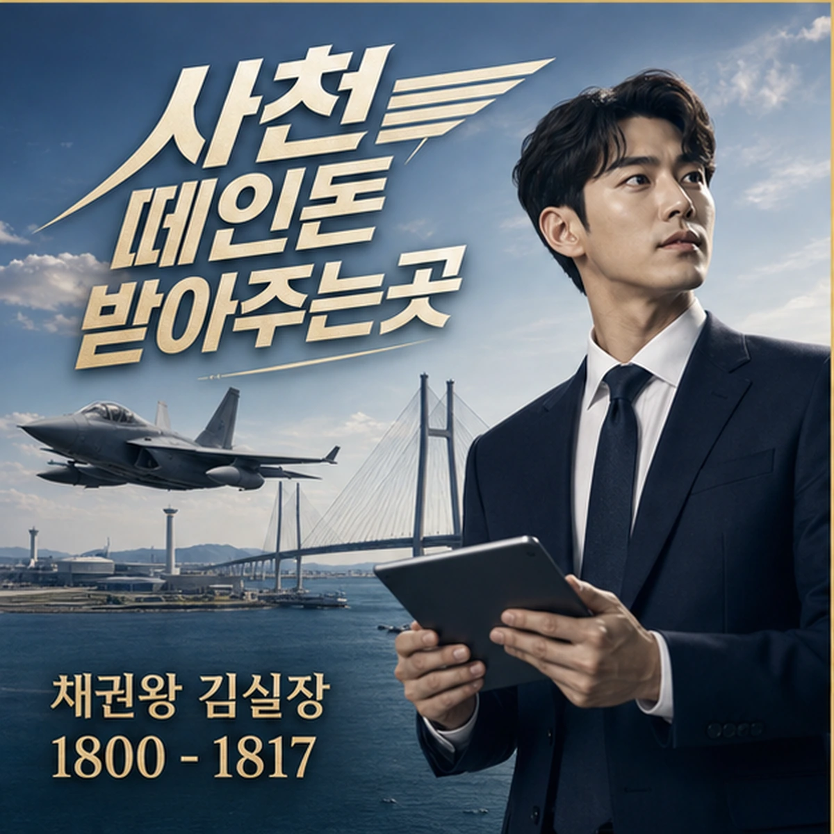 사천 떼인돈 상담을 안내하는 남성 전문가와 채권왕 브랜드 타이틀 포스터