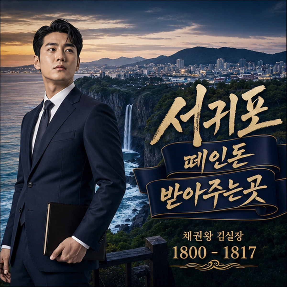 서귀포 떼인돈 상담을 안내하는 남성 전문가와 채권왕 브랜드 타이틀 포스터